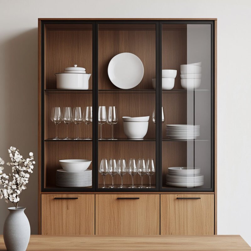 Contemporary Crockery Unit Design in Tiepolo with Glass Shutter and Shelves