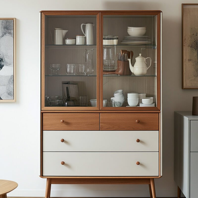 Modern Crockery Unit Design in  Walnut and White with Glass Storage