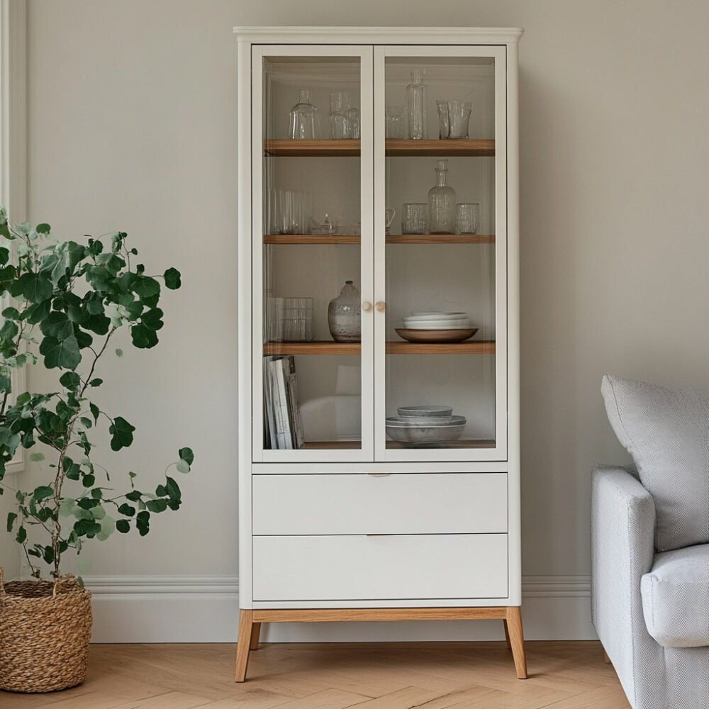 Contemporary Crockery Unit Design in White with Glass Shutter Storage