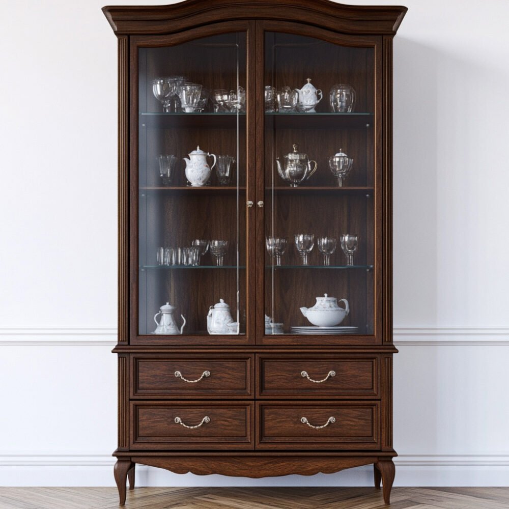 Traditional Crockery Unit Design in White with Glass Shelves