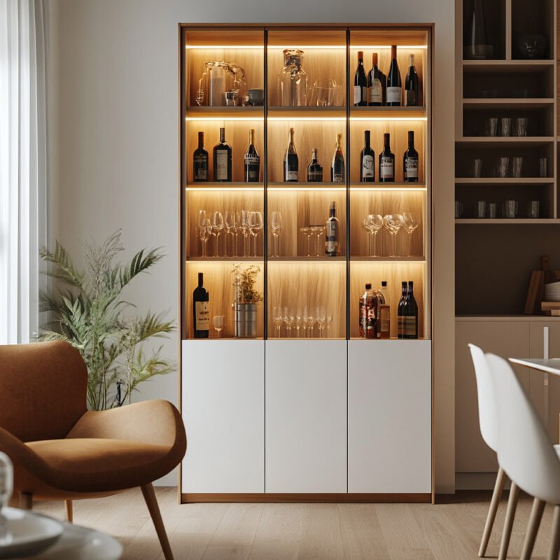 Modern Home Bar Design in Walnut with White and Glass Shelves