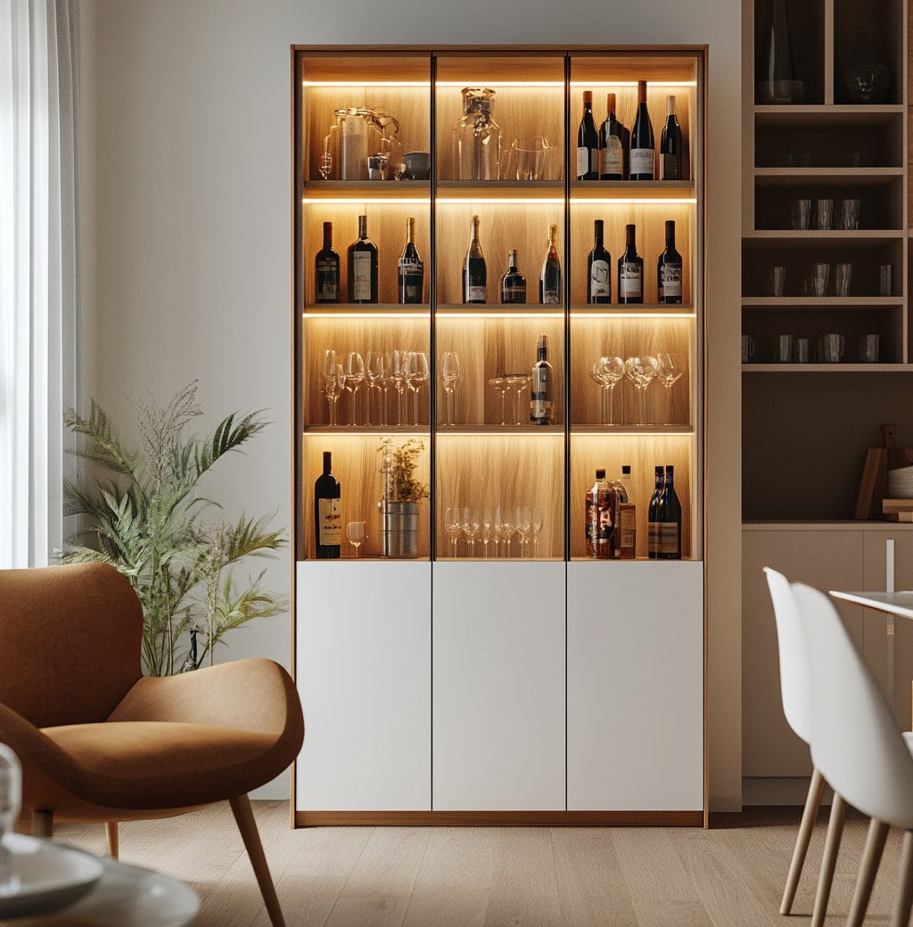 Modern Home Bar Design in Walnut with White and Glass Shelves