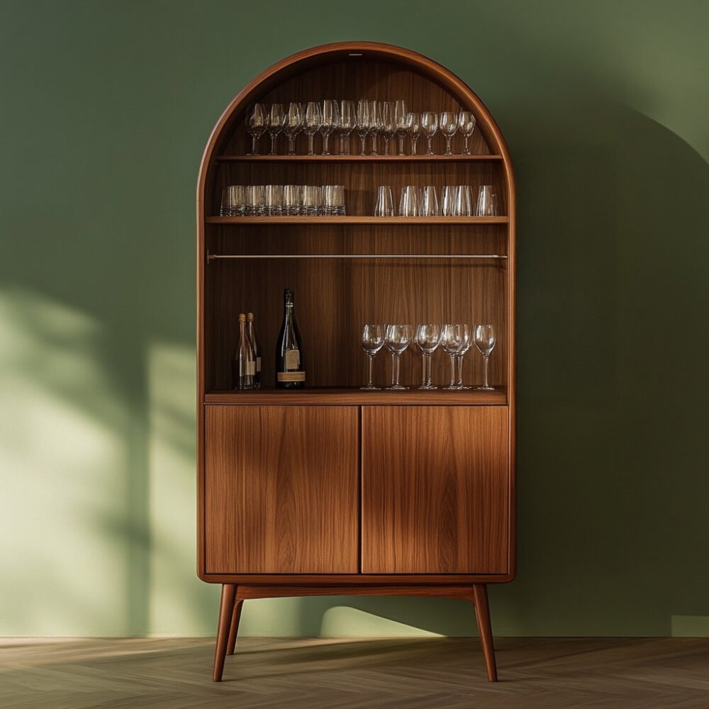 Scandinavian Home Bar Design in Walnut with Open Shelving for Display