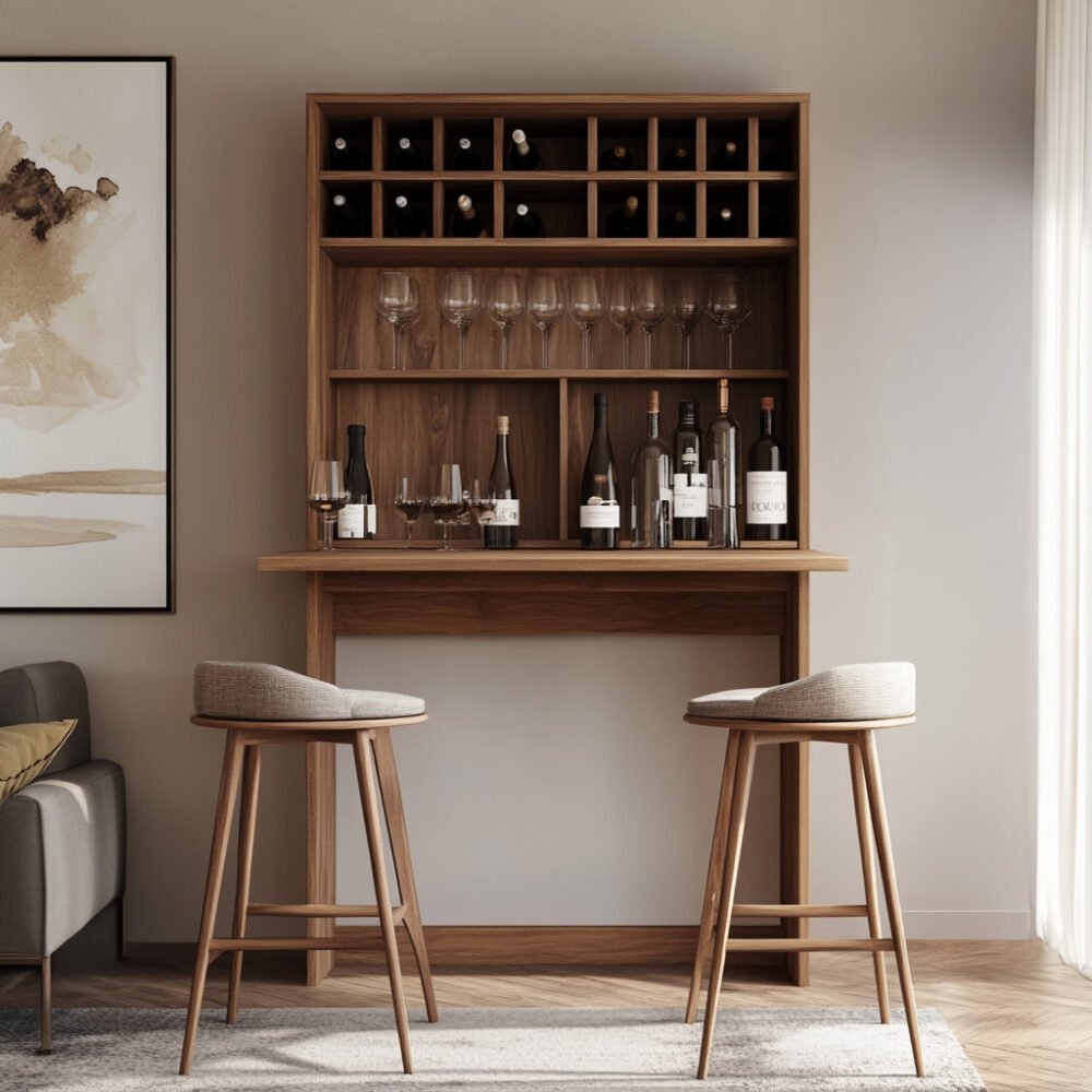 Modern Home Bar Design in Walnut with Open Shelves for Display