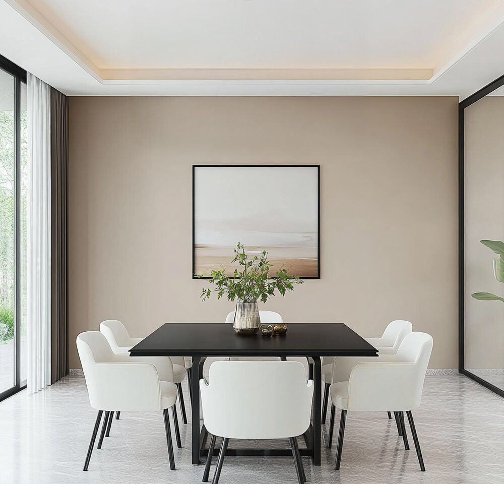 Minimal Dining Room Design with Black Table and White Chairs
