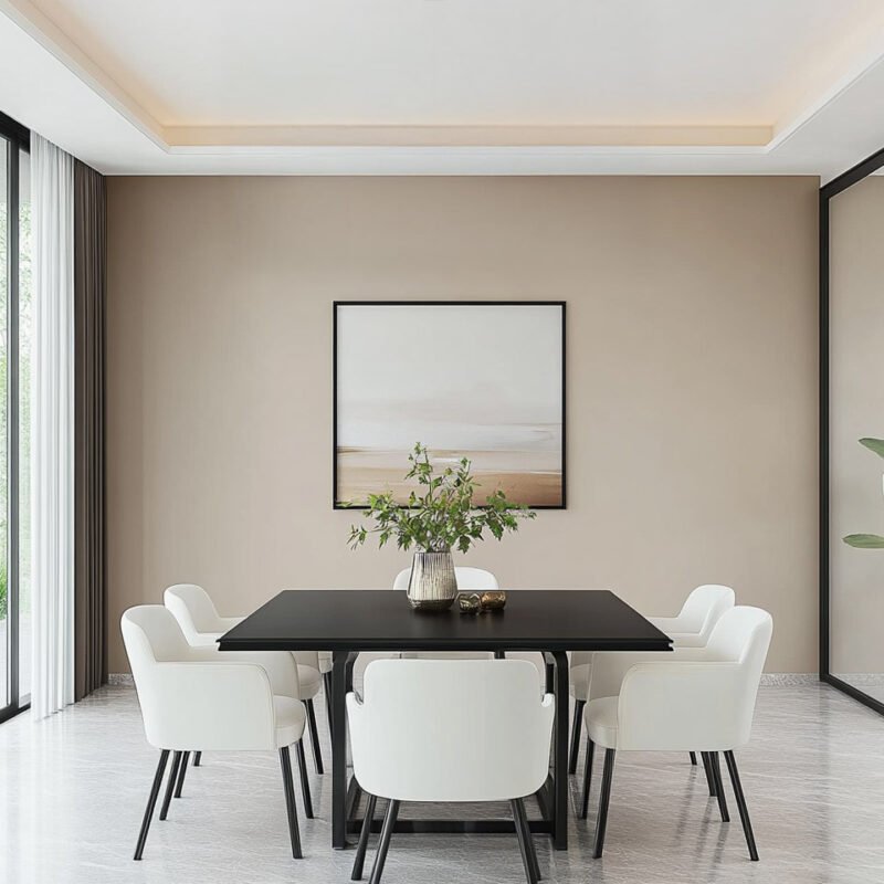 Minimal Dining Room Design with Black Table and White Chairs