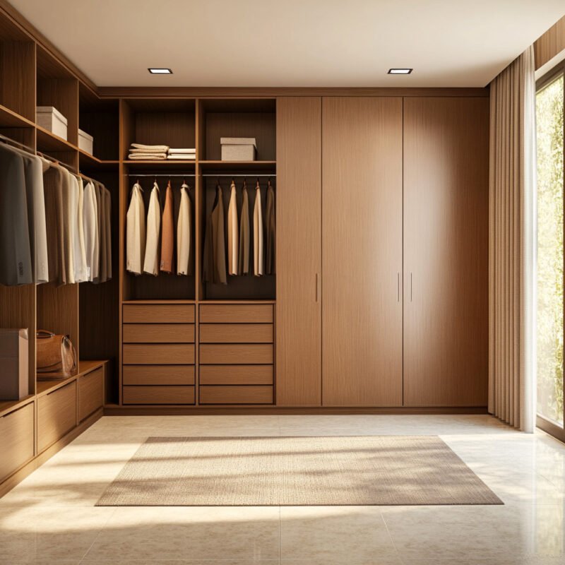 Modern 3-Door Walk-In Wardrobe Design with Open and Closed Storage