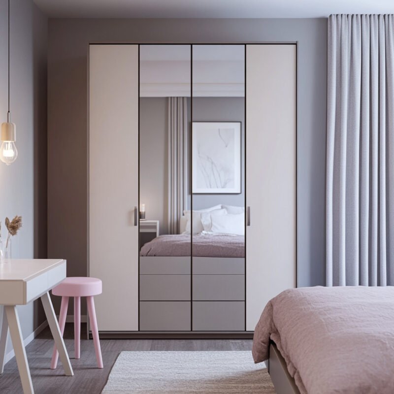 4-Door Classic Swing Wardrobe Design with Mirror and Drawers