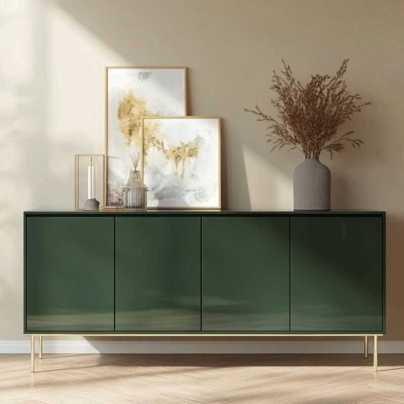 Modern Olive Green Foyer Design with Metallic Accents and Art