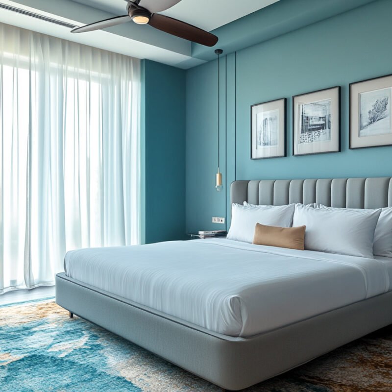 Contemporary Master Bedroom Design With Teal Walls and Grey Bed