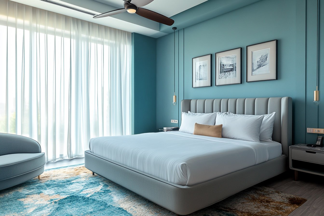 Contemporary Master Bedroom Design With Teal Walls and Grey Bed