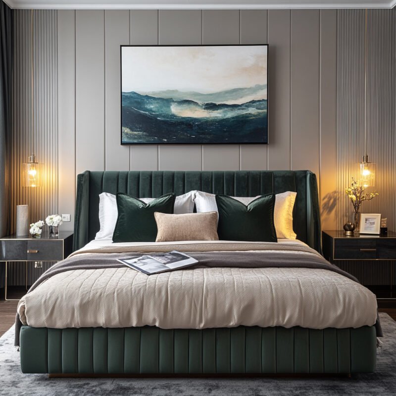 Modern Master Bedroom Design With Velvet Bed and Grey Wall Panels