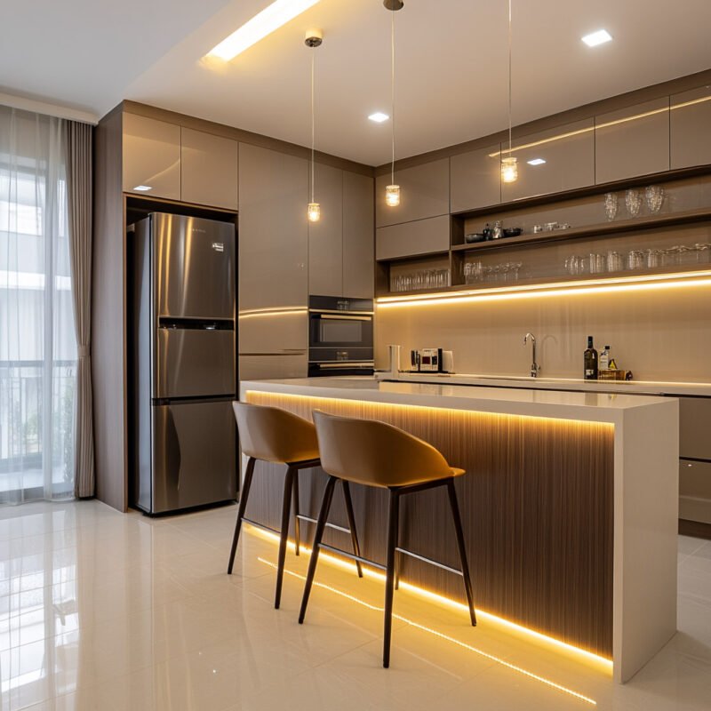Contemporary Island Kitchen Design With Grey Cabinets and Marble Top