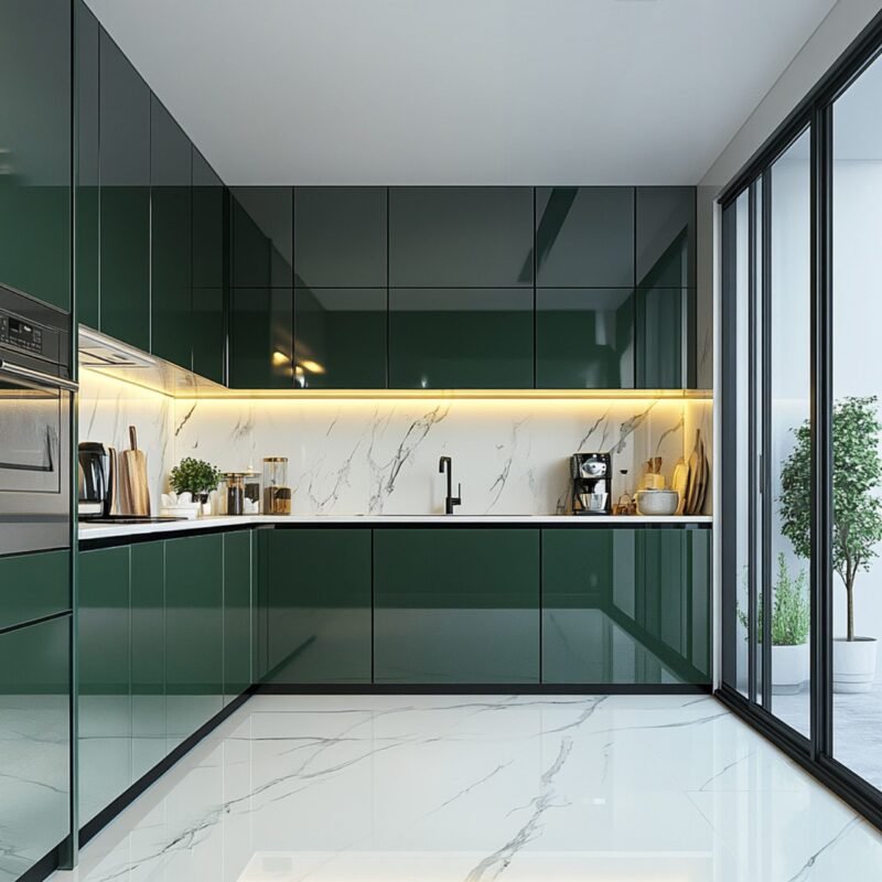 White Modern Kitchen Flooring Design with Grey Veining Square Tiles