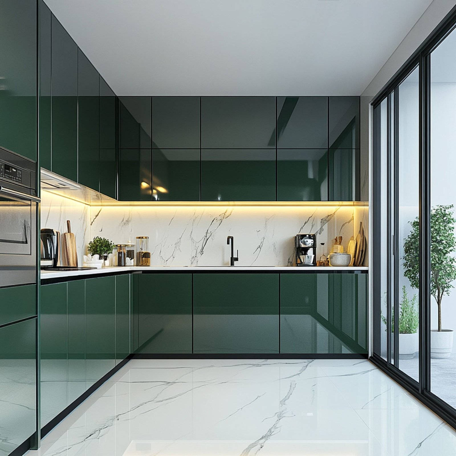 White Modern Kitchen Flooring Design with Grey Veining Square Tiles