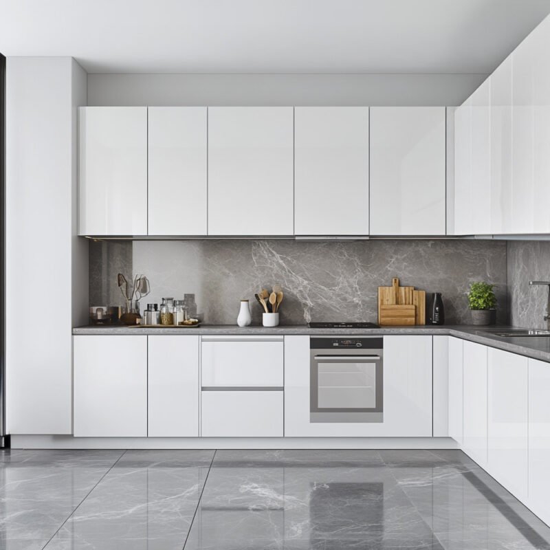 Glossy White Contemporary L-Shaped Kitchen Design With Marble Top