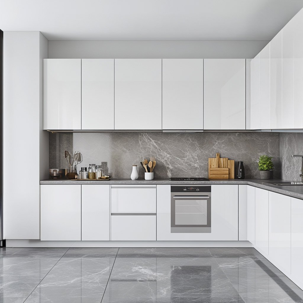 Glossy White Contemporary L-Shaped Kitchen Design With Marble Top
