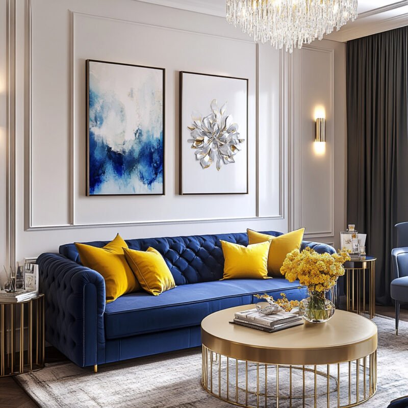 Modern Living Room Design with Navy Blue Velvet Sofa