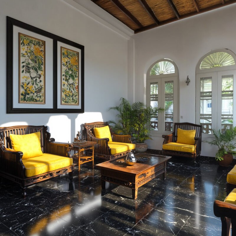 Indian Traditional Living Room Design with Dark Wood Armchairs and Yellow Cushions