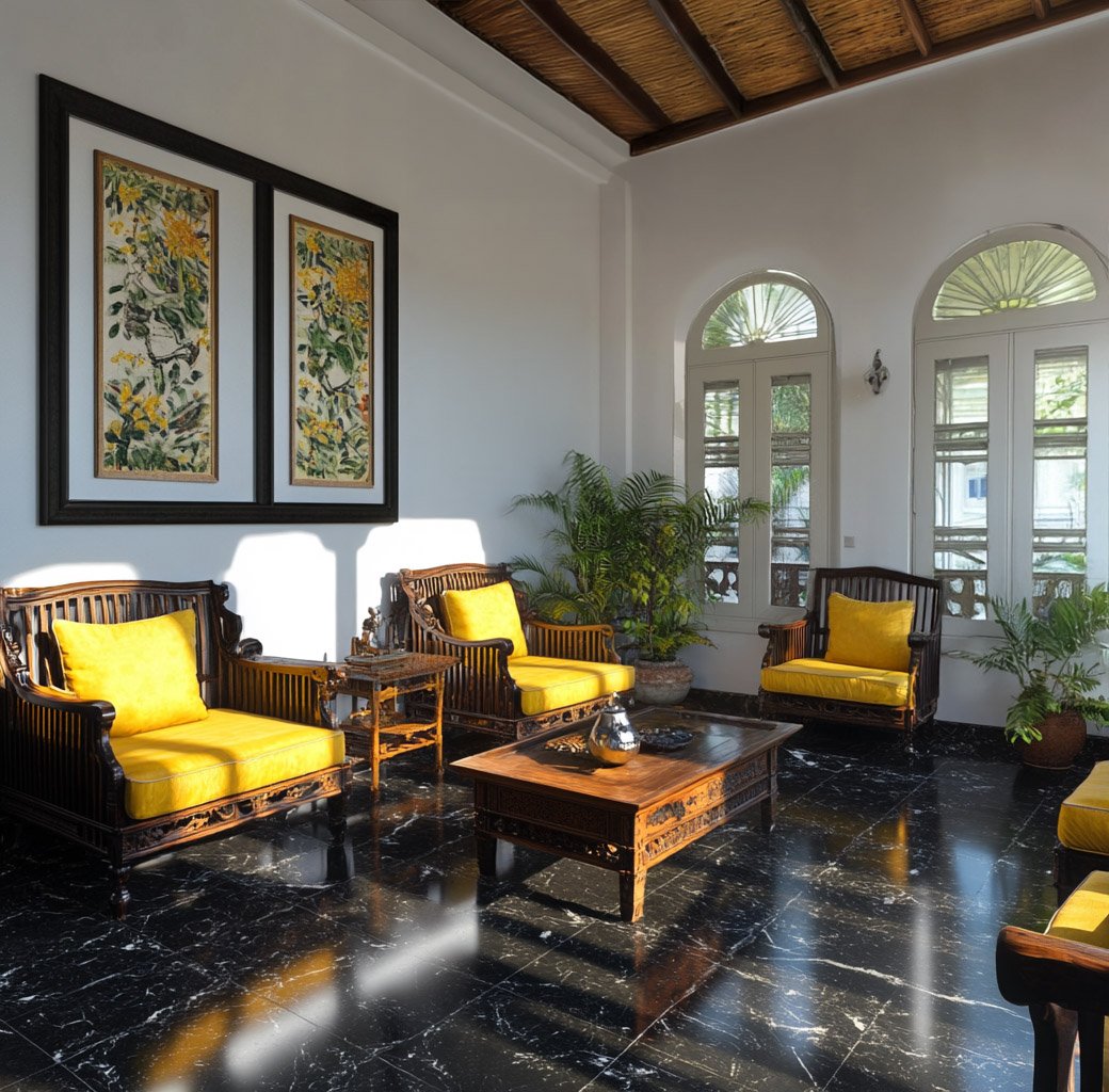 Indian Traditional Living Room Design with Dark Wood Armchairs and Yellow Cushions