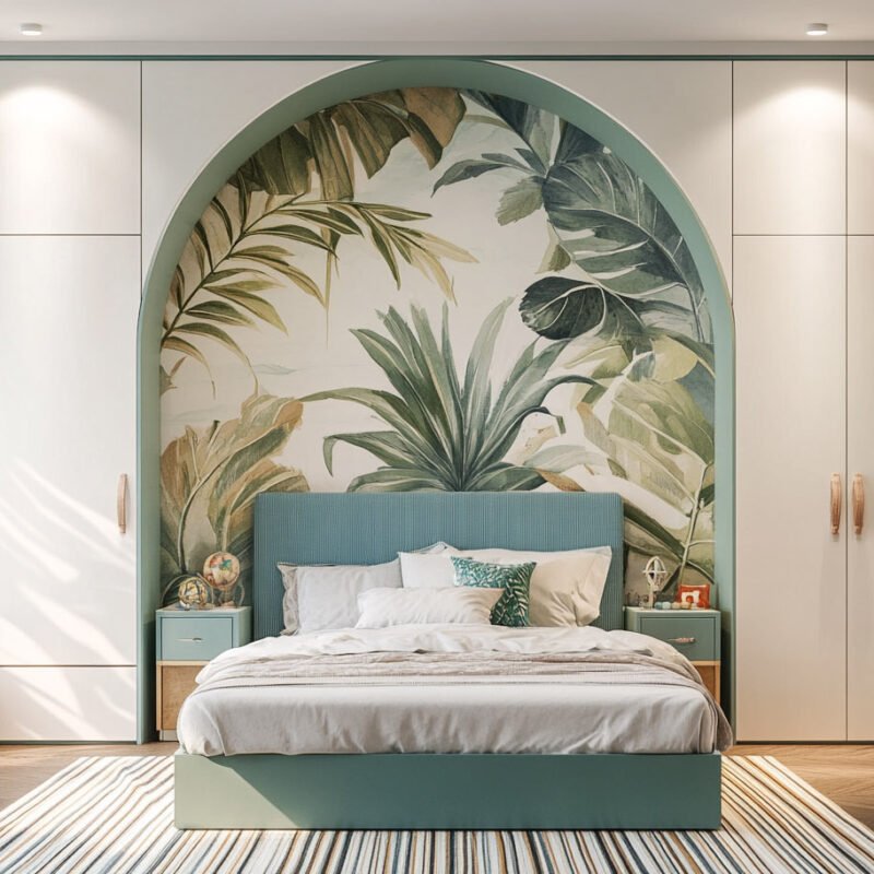 Tropical-Themed Kids Bedroom Design With Built-in Wardrobes and Arch Bed