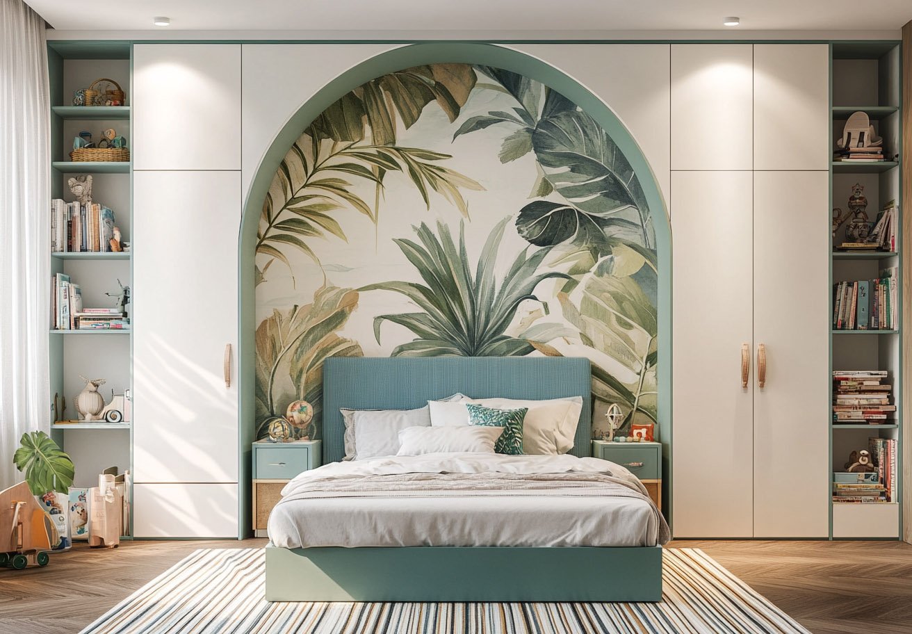 Mint Green Wardrobe with Attached Open Shelves for Kids