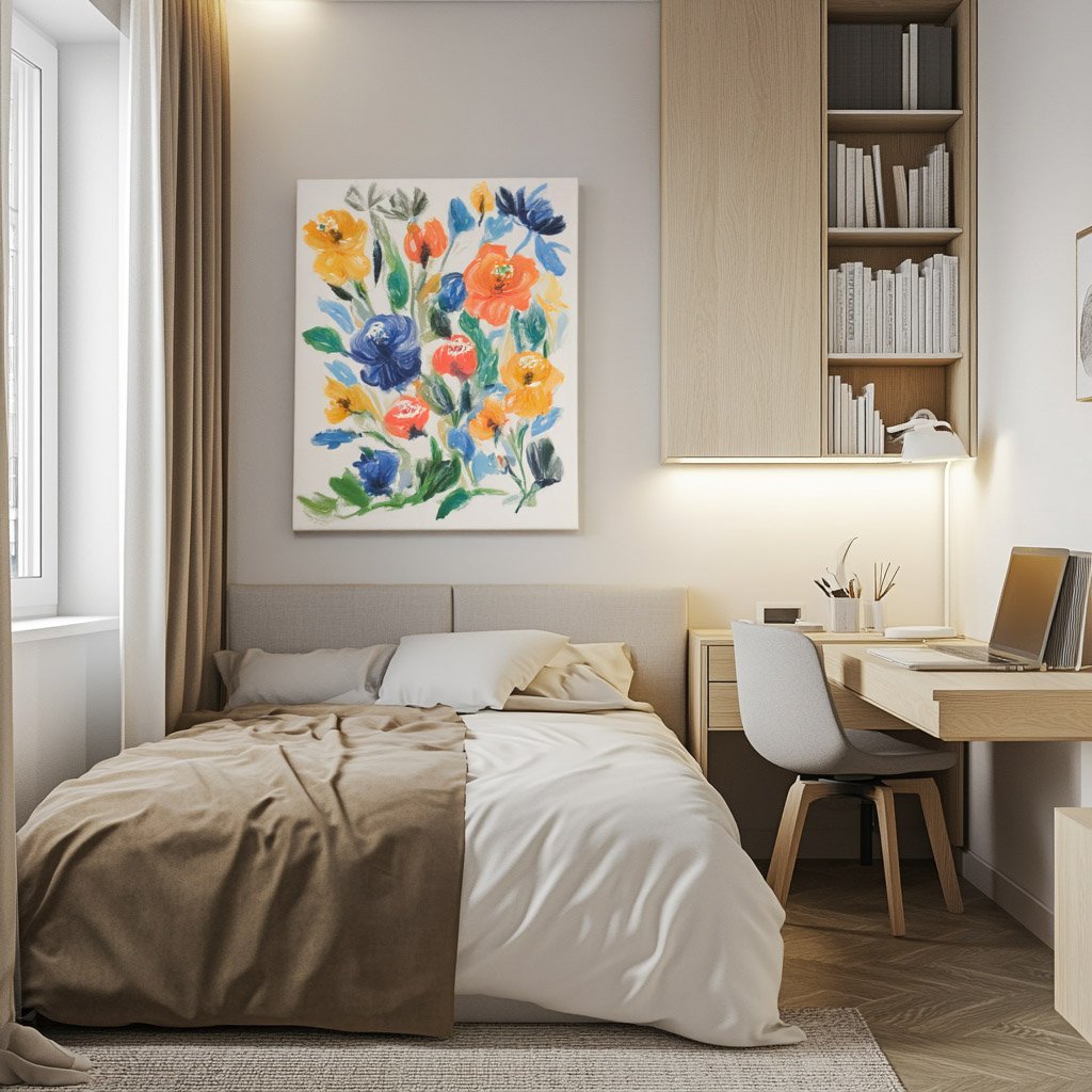 Beige and White Minimal Kids Bedroom Design With Art-Focused Wall Design