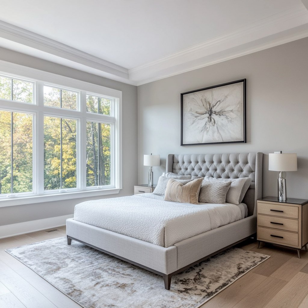 Minimal Master Bedroom Design with Abstract Artworks and Nightstands