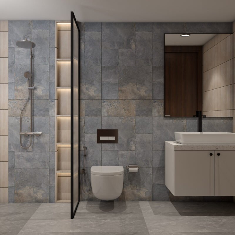 Contemporary Bathroom Design with Grey Ceramic Tiles
