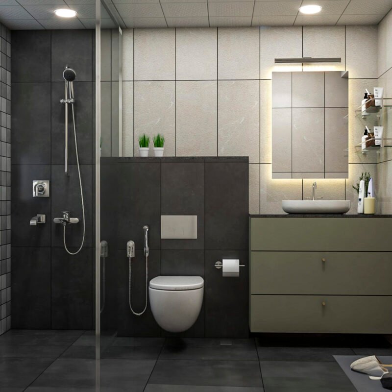 Contemporary Bathroom Design with Vanity and Light Brown Tiles
