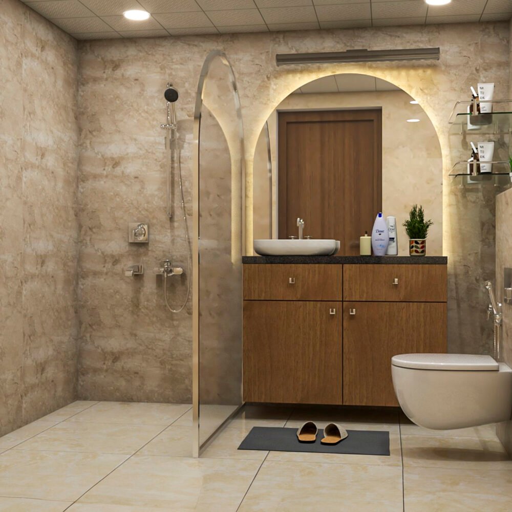 Contemporary Bathroom Design with Light Brown Tiles and Vanity
