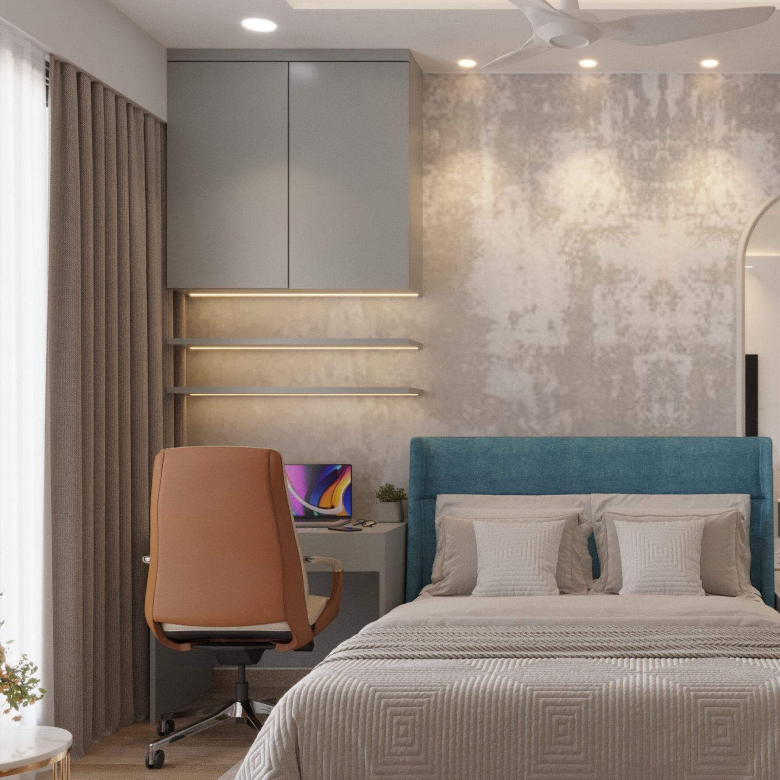 Contemporary Home Office Design With Dove Grey Shelving and Blue Accents