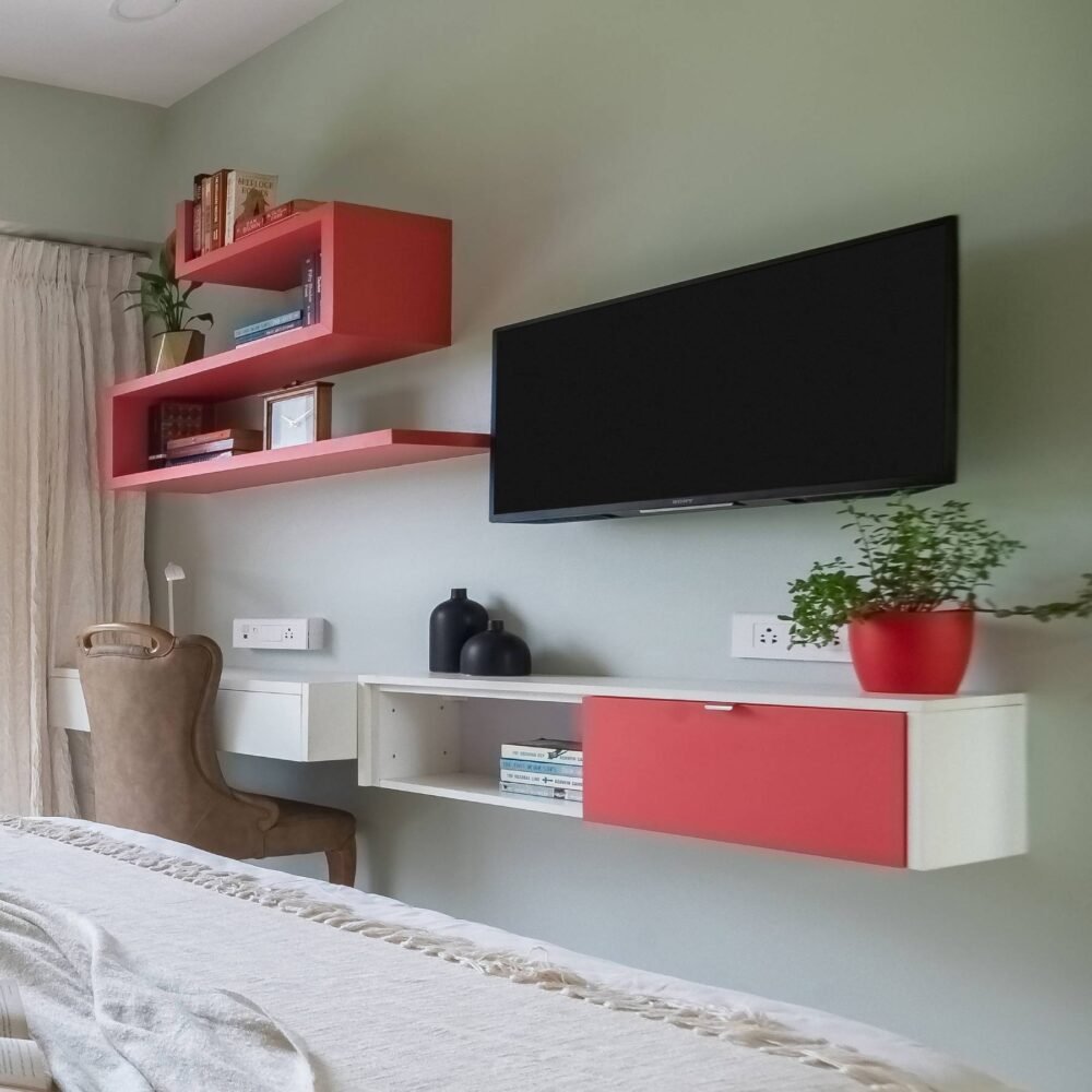 Modern Study Room Design With Frosty White And Rose Pink Unit
