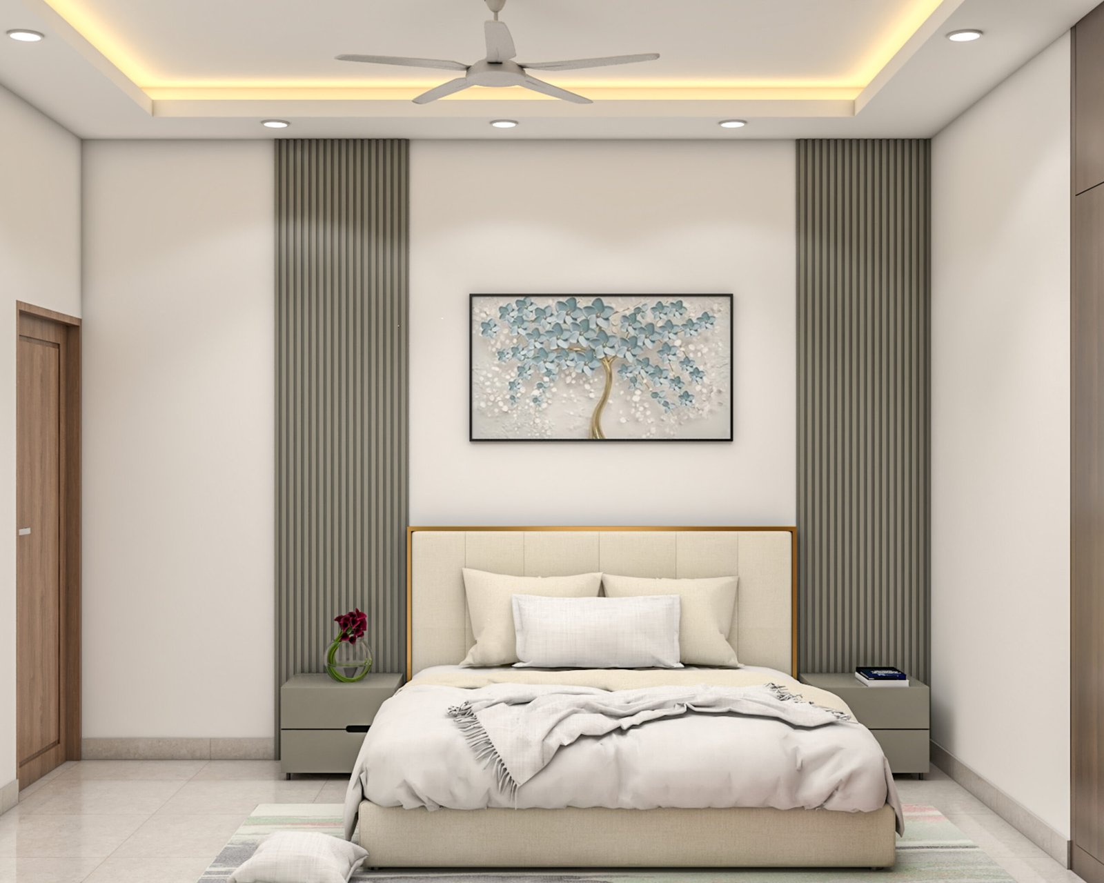 Modern Guest Bedroom Design With Olive Fluted Walls and Artwork