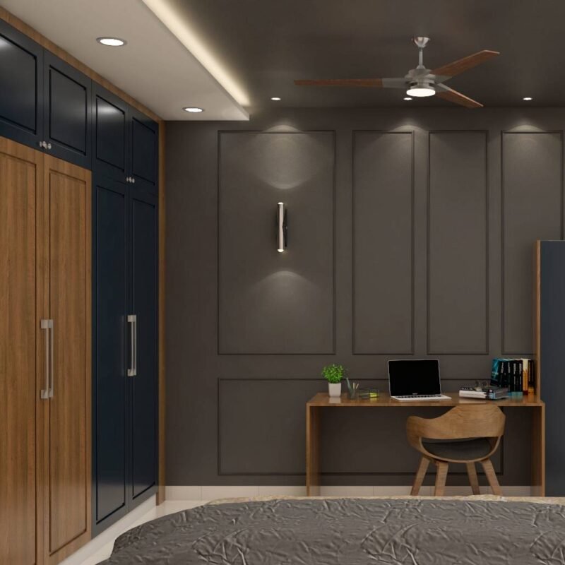 Modern Study Room Design With 4-Feet Study Table And Grey Accent Wall