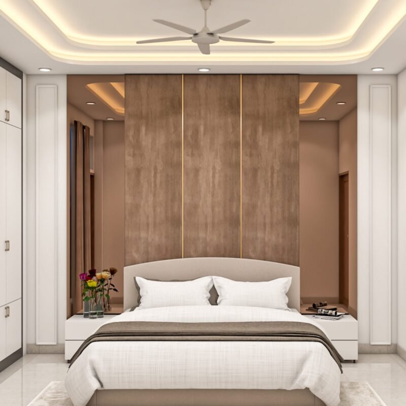 Contemporary Guest Bedroom Design With Walnut Paneling and Cove Lighting