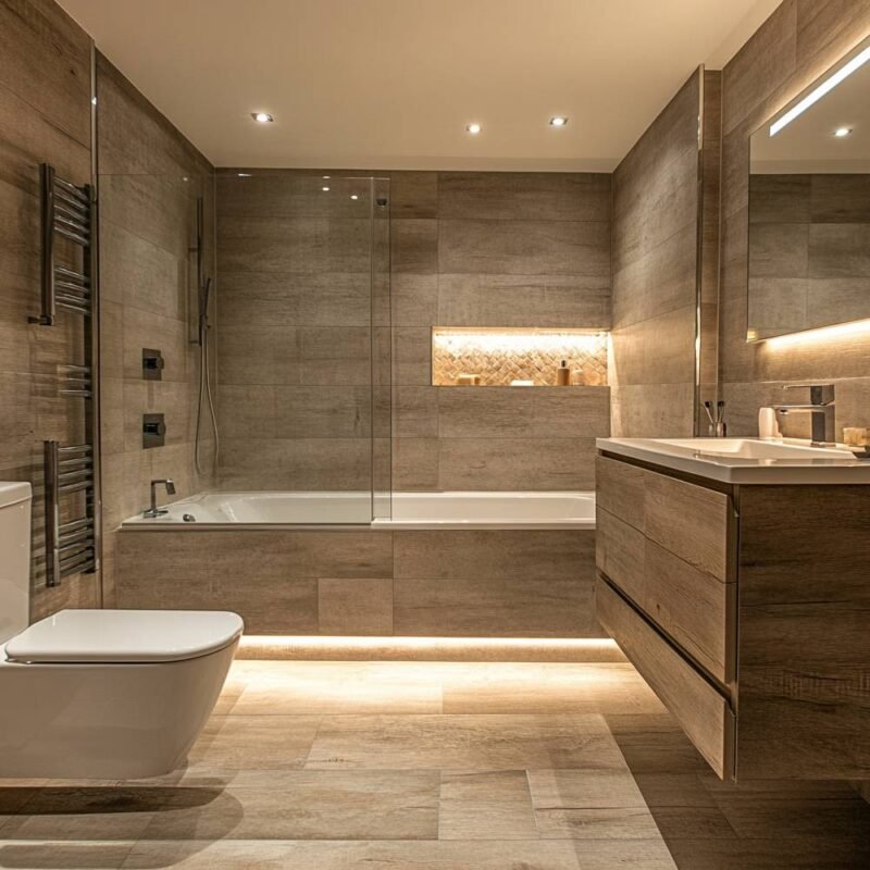 Modern Bathroom Design in Brown with Suede-Finish Vanity Unit