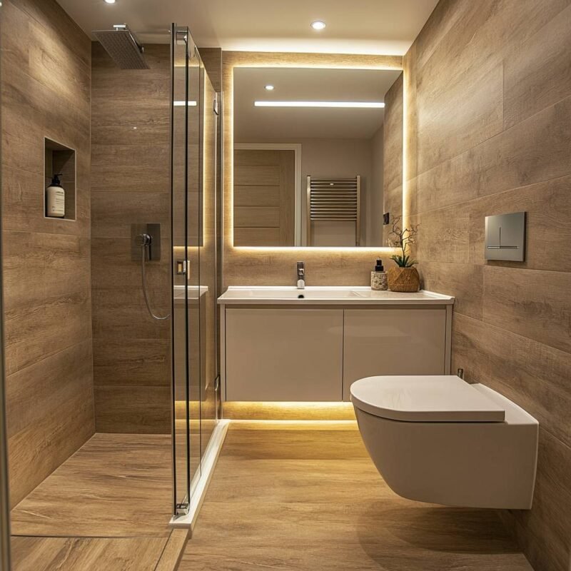 Bathroom Design with Contemporary Wooden Brown Tiles and Square Mirror