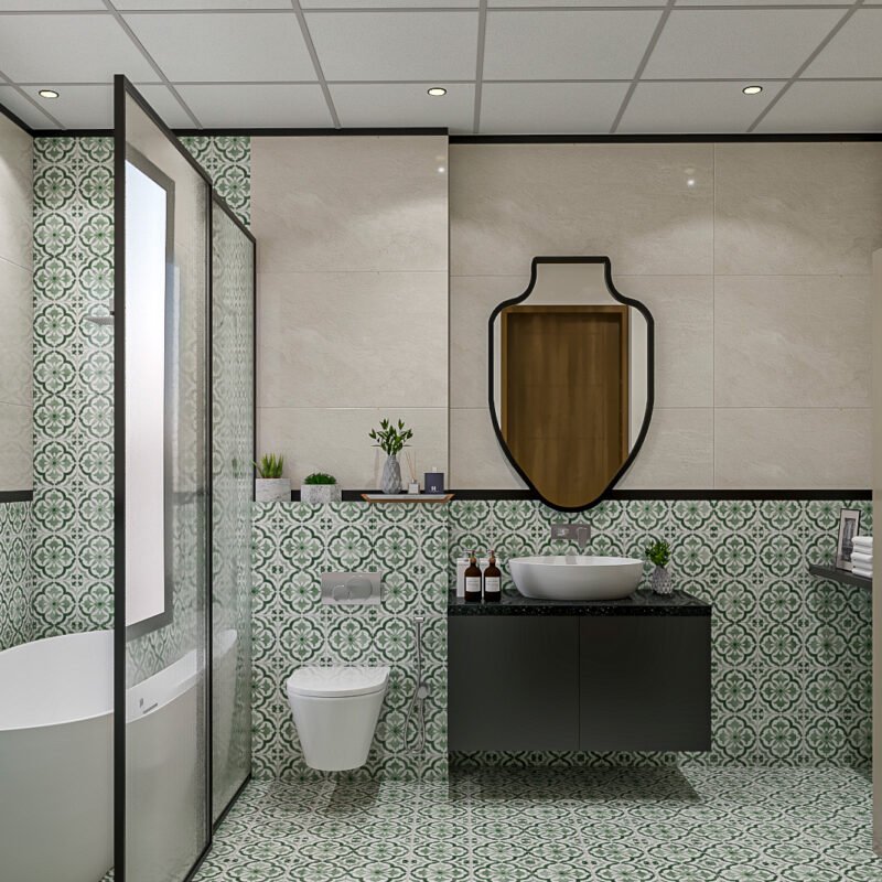 Green, Beige and White Modern Bathroom Design with Patterned Tiles