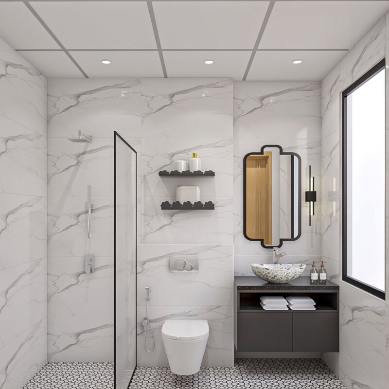 Modern Bathroom Design with Granite Vanity and Irregular Shaped Mirror