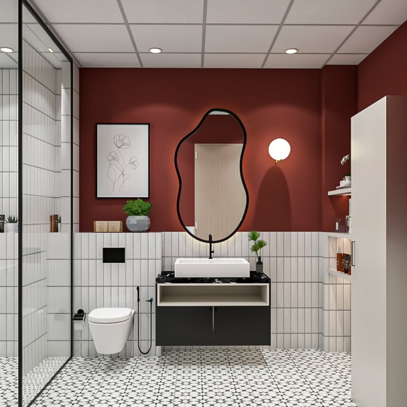 Contemporary Bathroom Design with Asymmetrical Mirror and Matte Cabinets