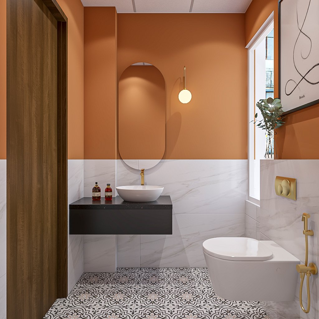 Modern Bathroom Design with Black and White Pattern Floor Tiles