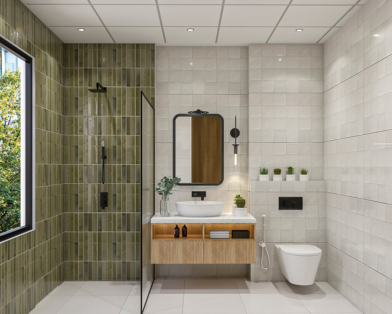 Modern Bathroom Design with Green Shower Tiles and Quartz Vanity