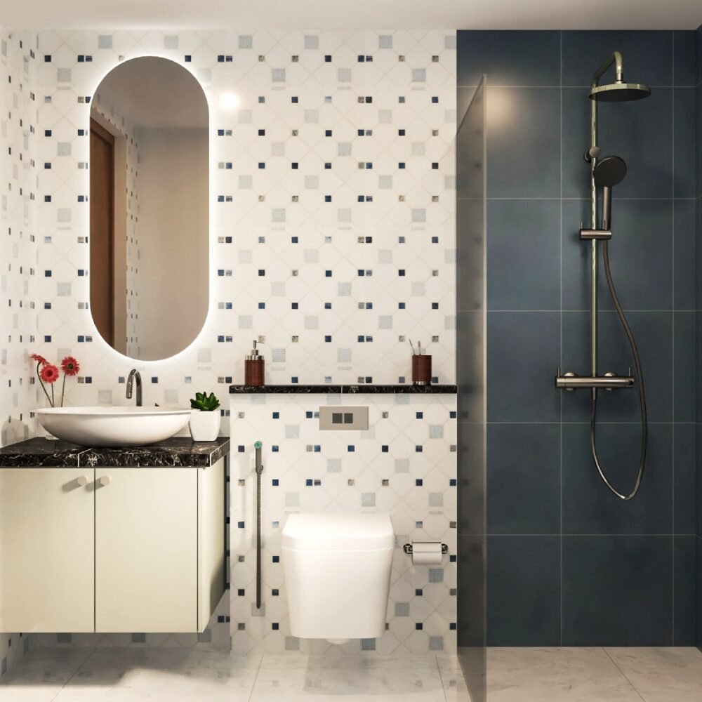 Modern Bathroom Design with Cove-Lit Oval Mirror and Granite Vanity