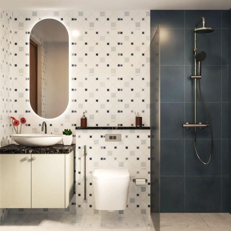 Modern Bathroom Design with Cove-Lit Oval Mirror and Granite Vanity