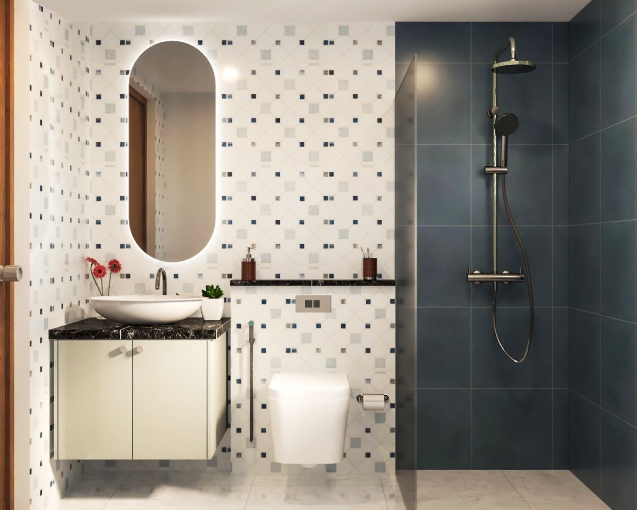 Modern Bathroom Design with Cove-Lit Oval Mirror and Granite Vanity