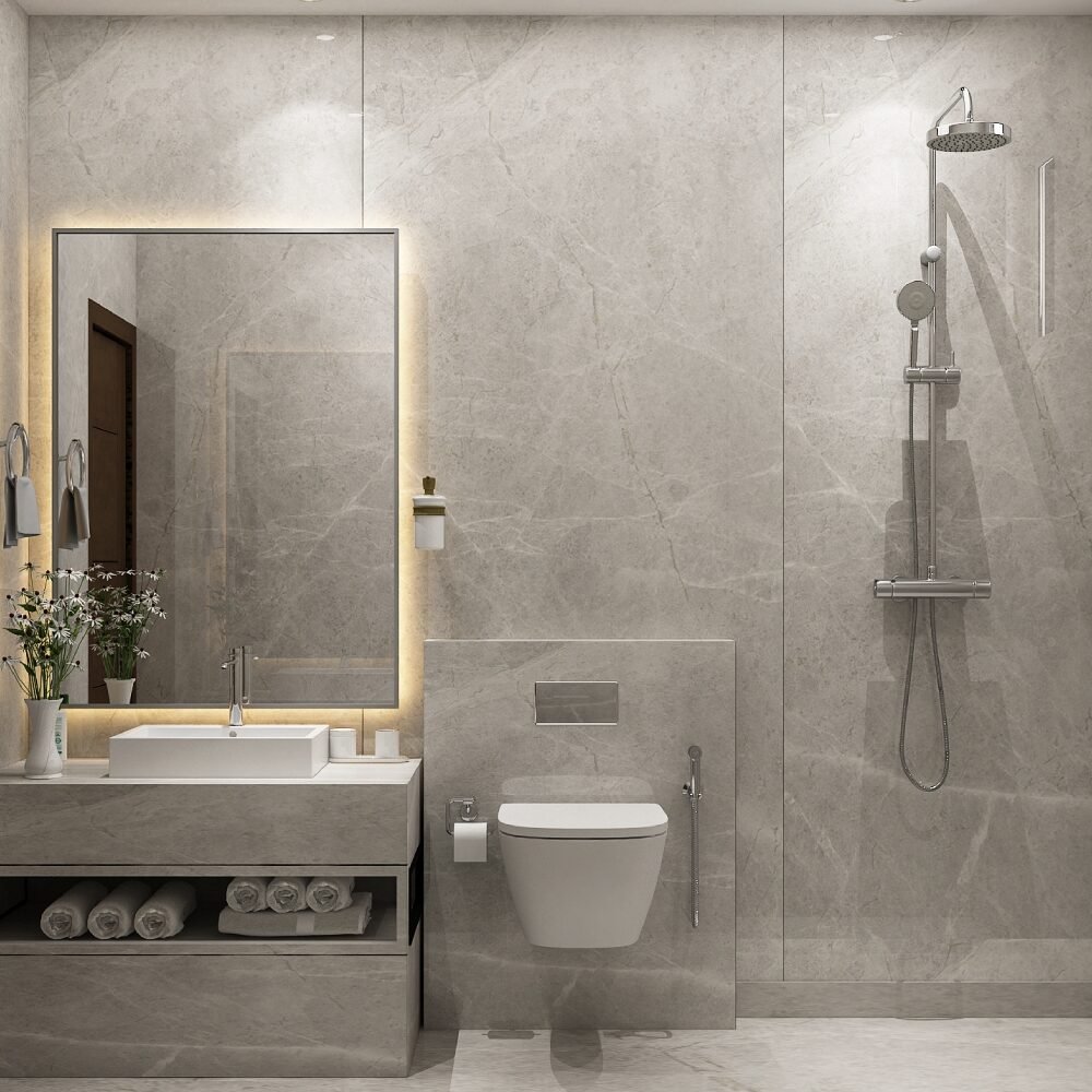 Modern Bathroom Design with Grey Marble and LED-Lit Mirror