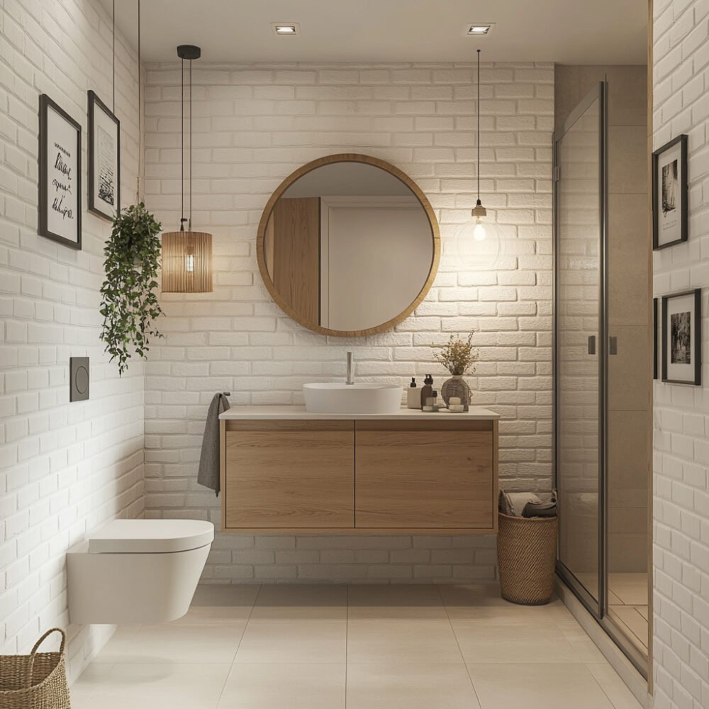 Scandinavian Bathroom Design with Round Mirror and Warm Beige Accents