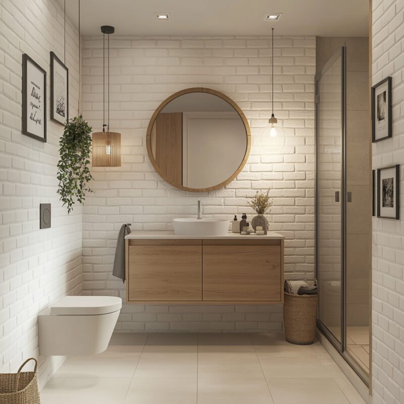 Scandinavian Bathroom Design with Round Mirror and Warm Beige Accents