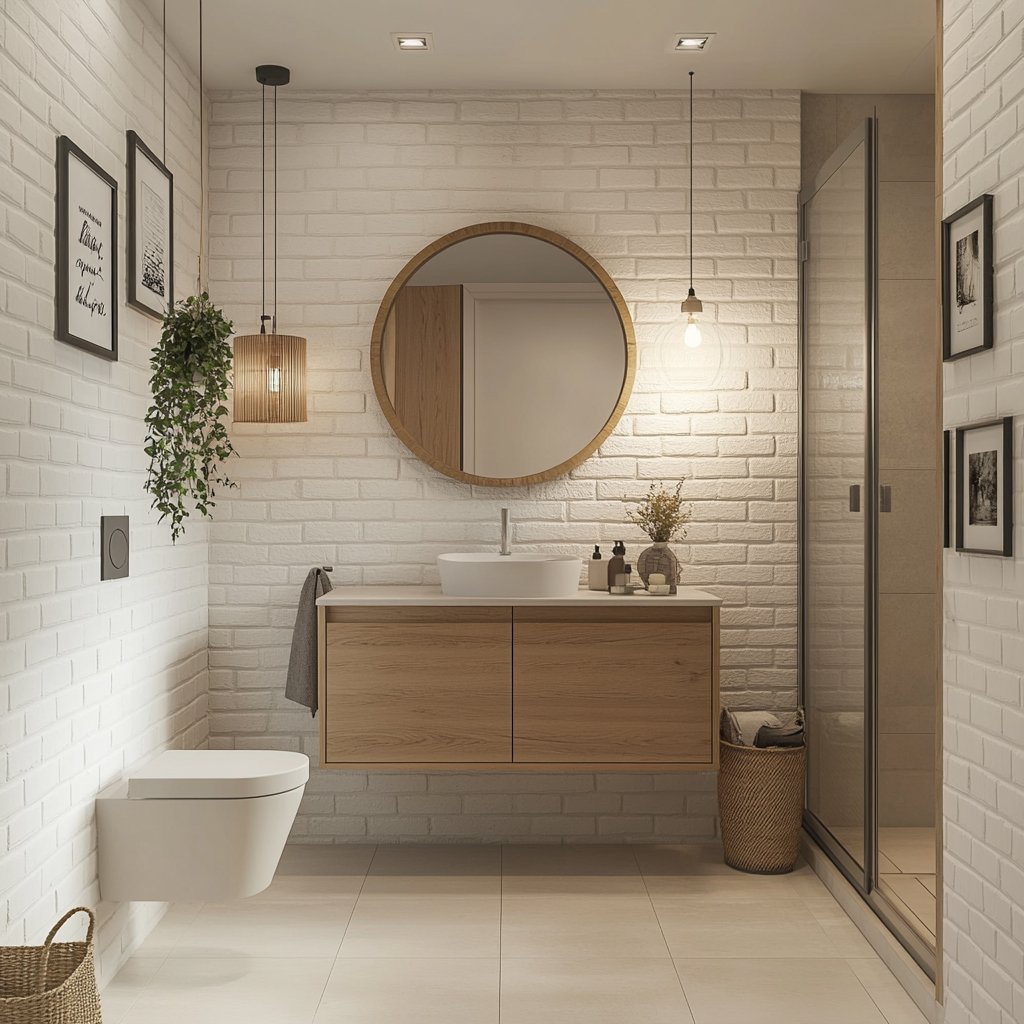 Scandinavian Bathroom Design with Round Mirror and Warm Beige Accents
